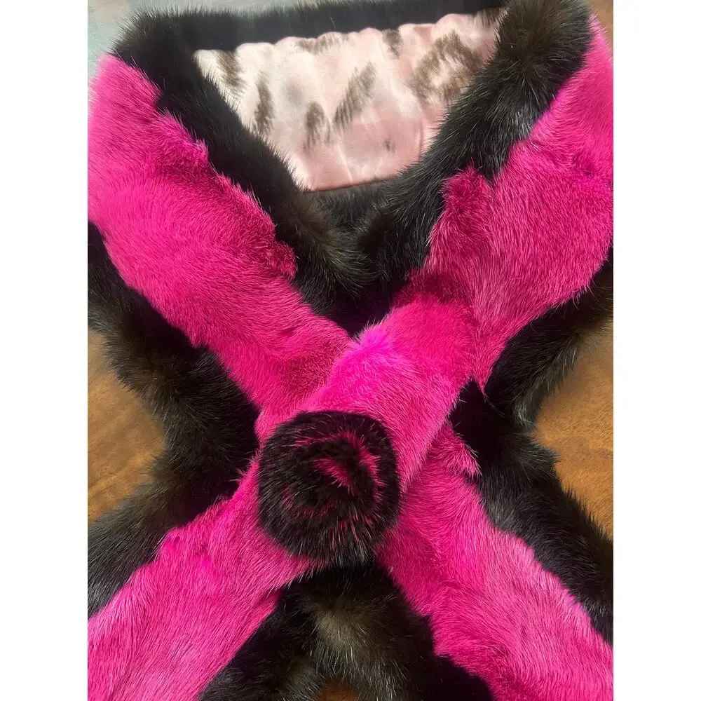 Vintage Y2K Real Mink Fur Scarf Colorblock Hot Pink Brown Rosette Pull Through